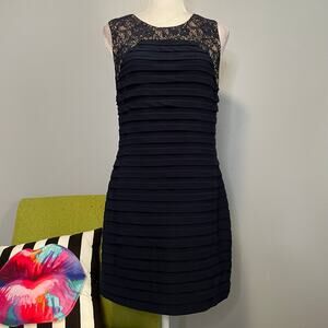 Adrianna Papell Navy Blue Pleated & Lace Cocktail Sheath Dress 10